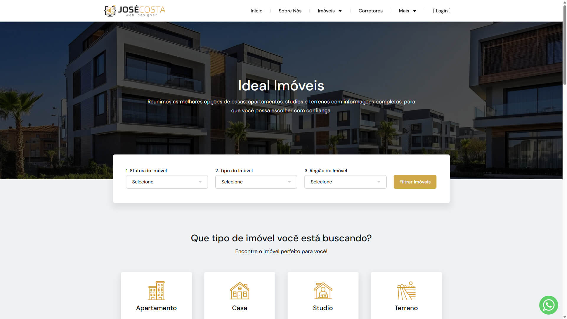 Template flexível de site para imobiliária sendo editado em tempo real no WordPress.